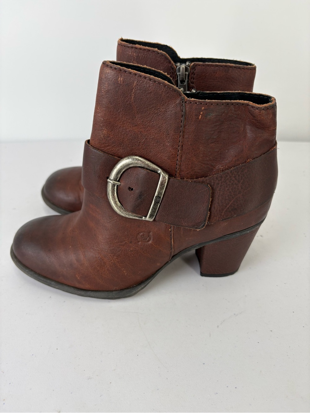 🛞 Born Brown Leather Ankle Booties with Buckle Accent 3” heels